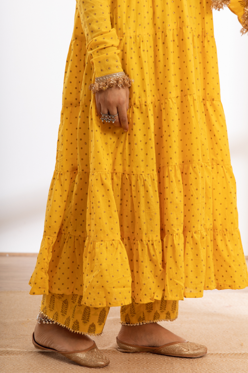 Kalindi Suit Set - yellow hand printed cotton kalidar suit set cotton by Maison Shefali in yellow color for women Worldwide