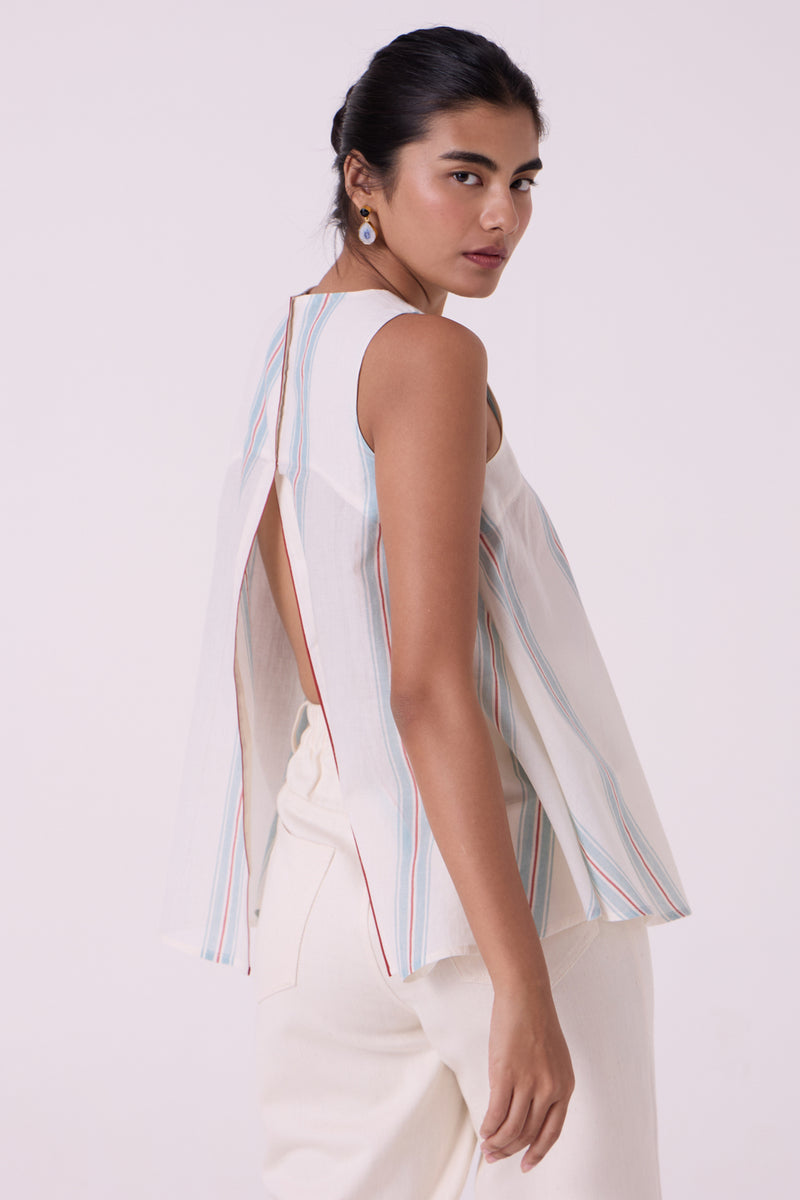 Mizu Striped Handwoven Tent Top handwoven cotton top/shirt by The Summer House in off white for women Worldwide