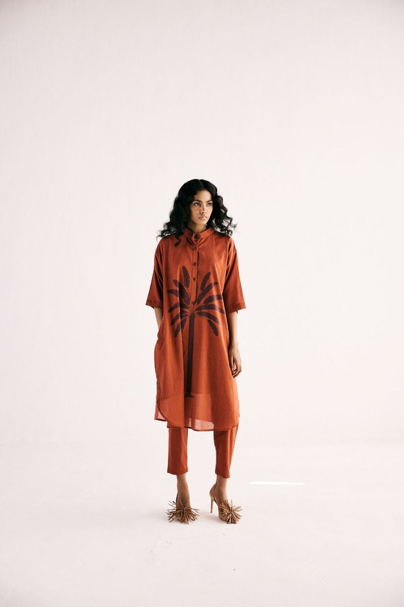 RUSTIC PALM KURTA SET cotton by Khara Kapas in rust for women Worldwide