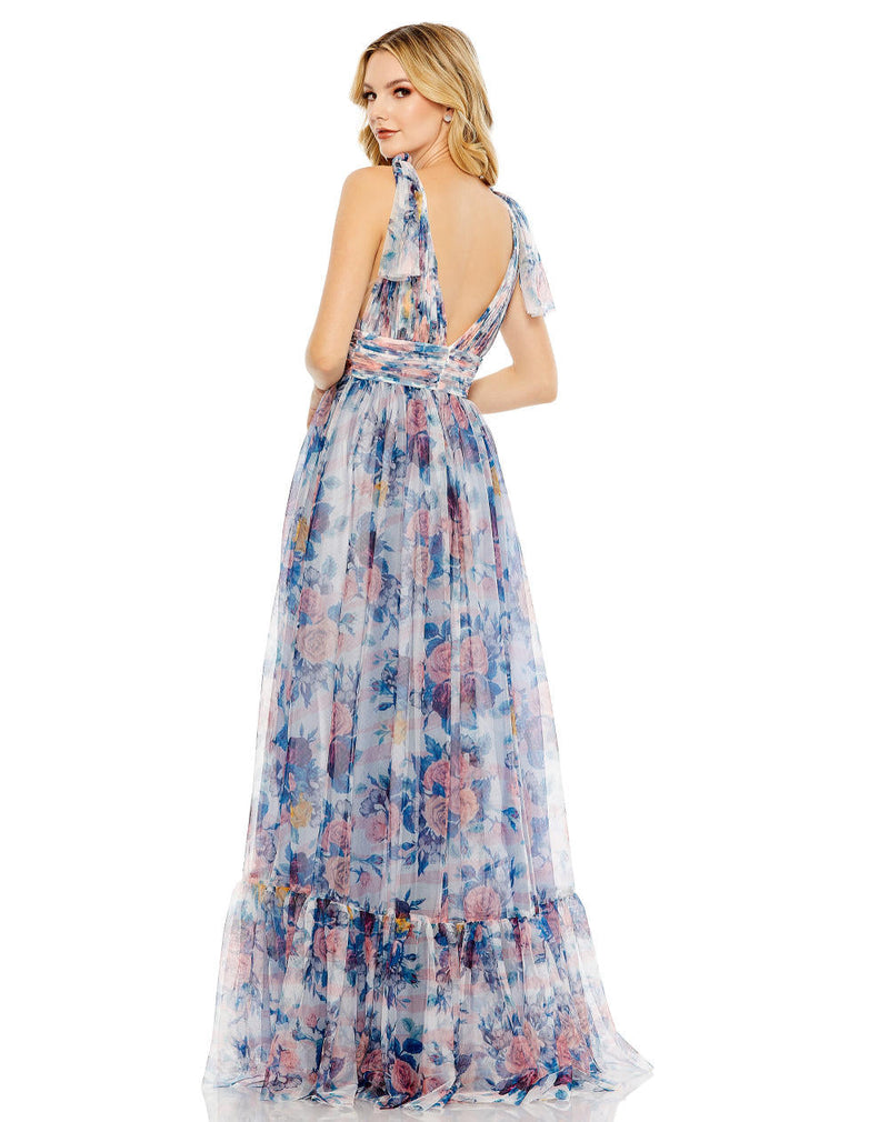 MD-11332 Printed Long Dress-Blue by Mac Duggal in blue color for women Worldwide