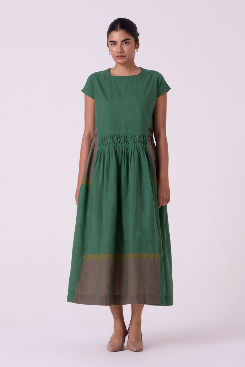 Mori Green Colourblocked Handwoven Midi Dress handwoven cotton dress by The Summer House in green for women Worldwide