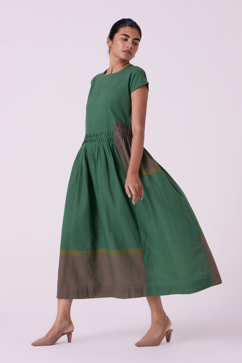 Mori Green Colourblocked Handwoven Midi Dress handwoven cotton dress by The Summer House in green for women Worldwide