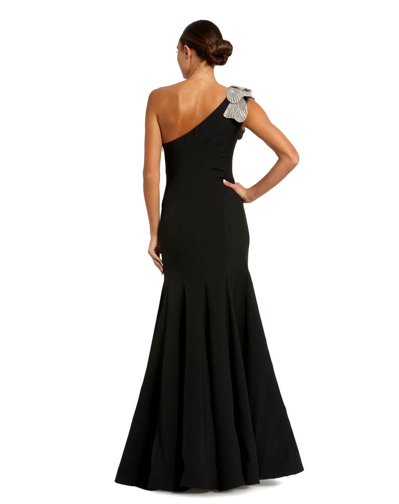 11810-Crepe One Shoulder Gown With Flower by Mac Duggal in black color for women Worldwide