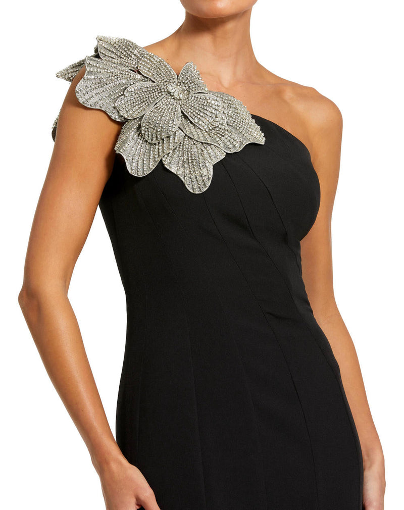 11810-Crepe One Shoulder Gown With Flower by Mac Duggal in black color for women Worldwide