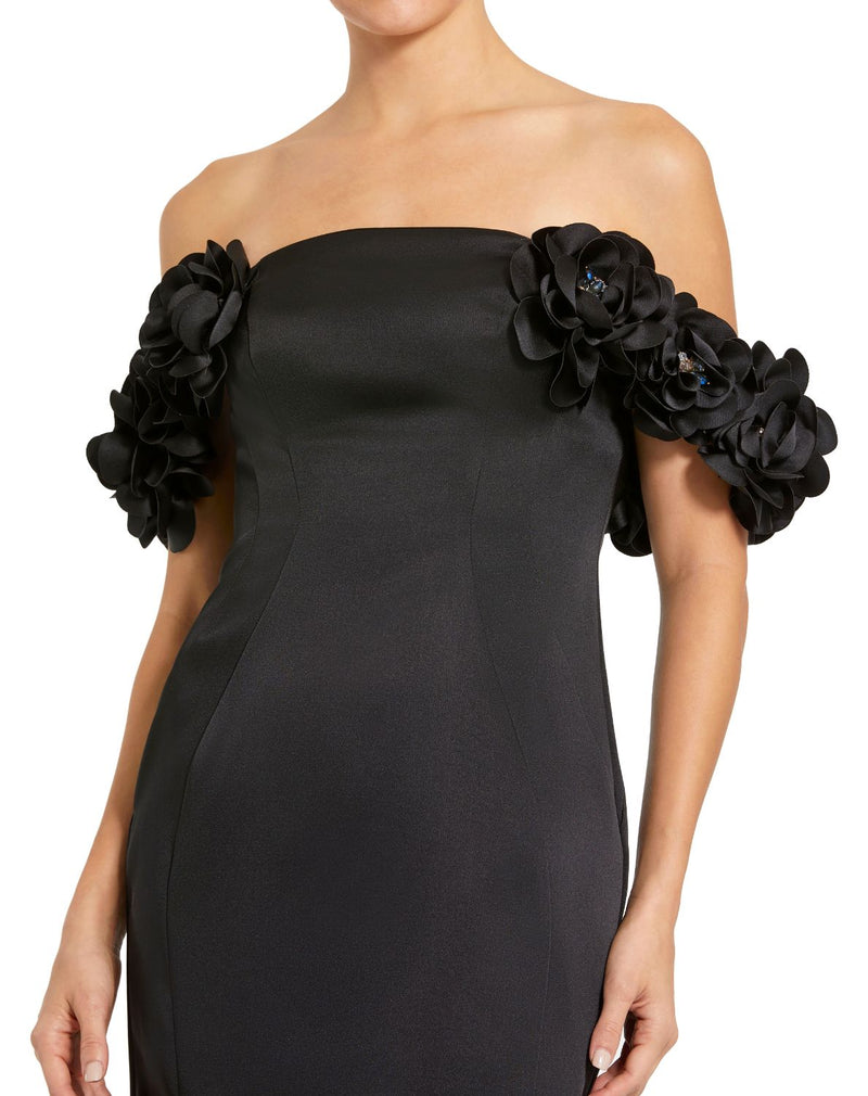 11872 - Black Satin 3D Flower Off The Shoulder Mermaid Gown by Mac Duggal in black color for women Worldwide