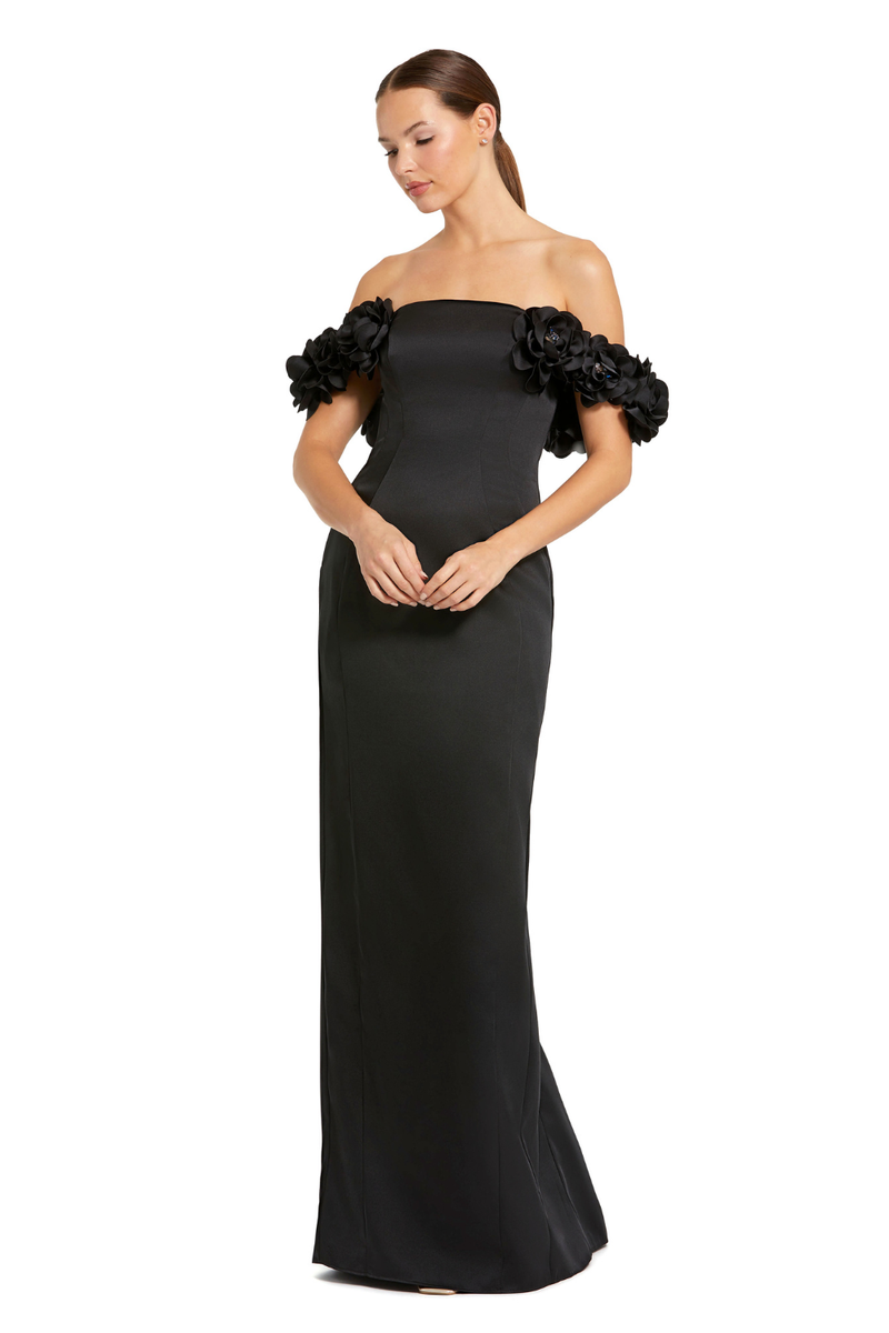 11872 - Black Satin 3D Flower Off The Shoulder Mermaid Gown by Mac Duggal in black color for women Worldwide