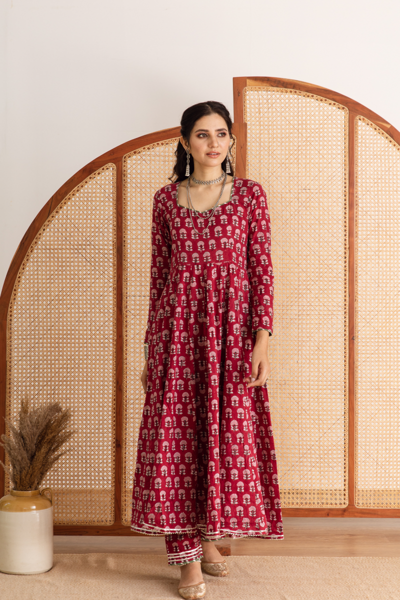 Gulaab gainda Kalidar set- red hand block printed cotton kalidar set cotton by Maison Shefali in red color for women Worldwide