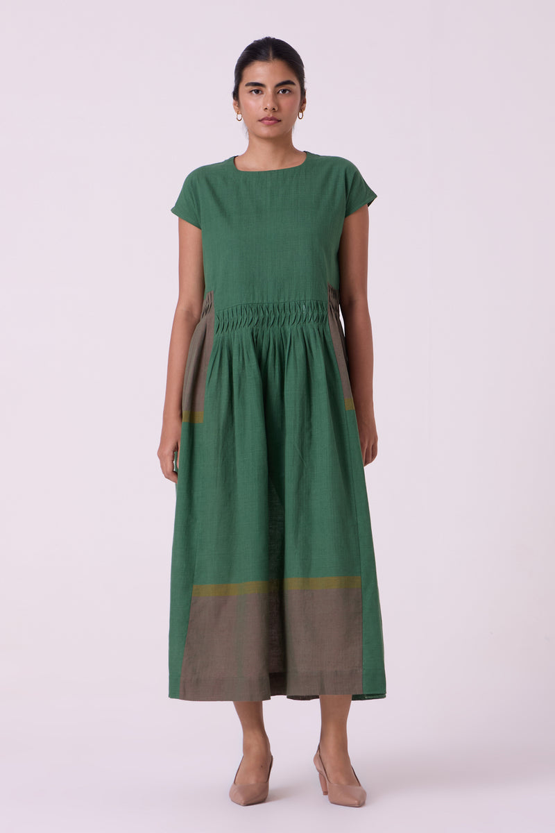 Mori Green Colourblocked Handwoven Midi Dress handwoven cotton dress by The Summer House in green for women Worldwide