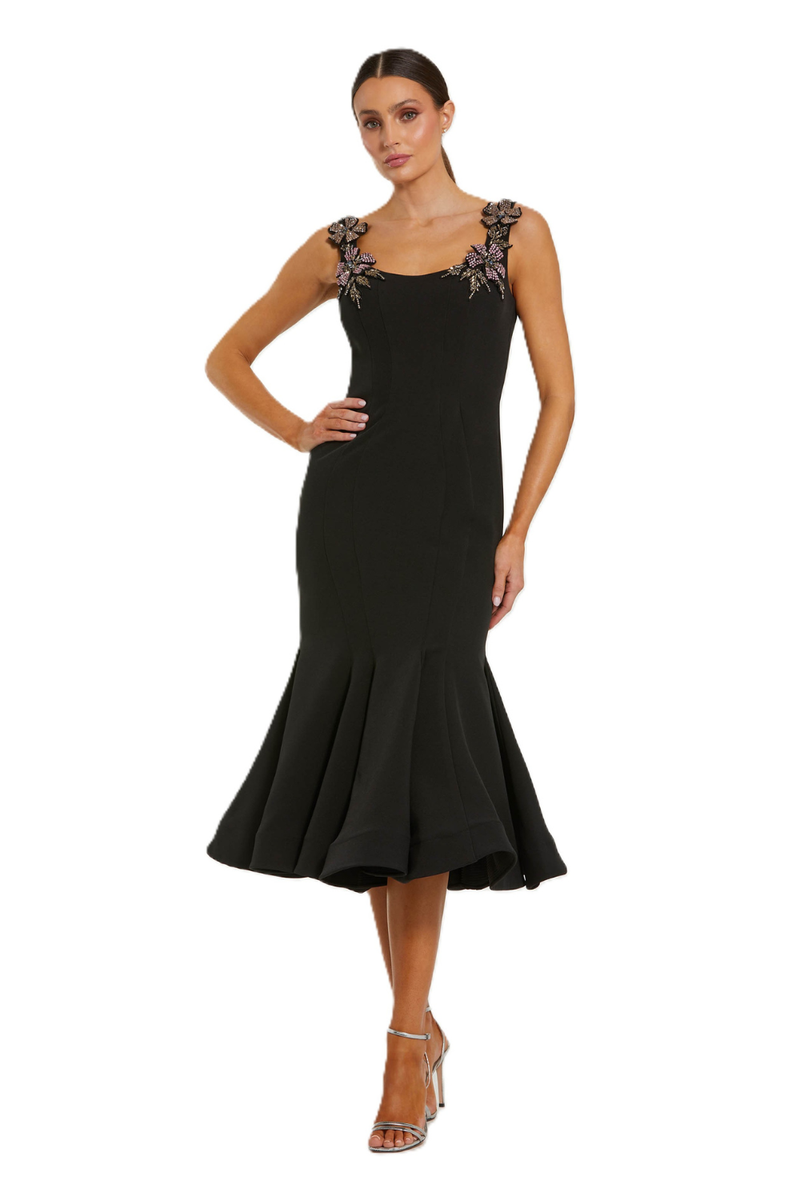 11948 - Black Sleeveless Midi Dress With Floral Embellishments by Mac Duggal in black color for women Worldwide