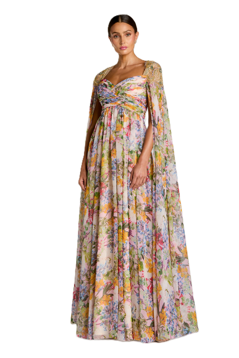 11990 - Multicolor Floral Gown With Beaded Cape Sleeves Gown chiffon by Mac Duggal in multi color for women Worldwide