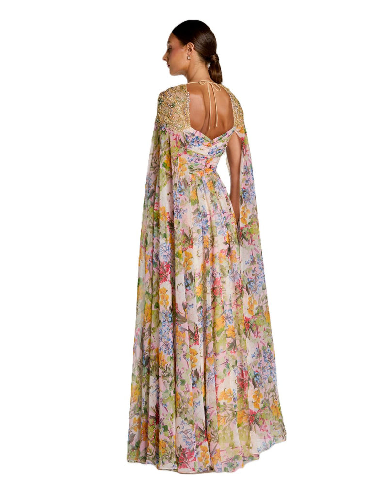 11990 - Multicolor Floral Gown With Beaded Cape Sleeves Gown chiffon by Mac Duggal in multi color for women Worldwide
