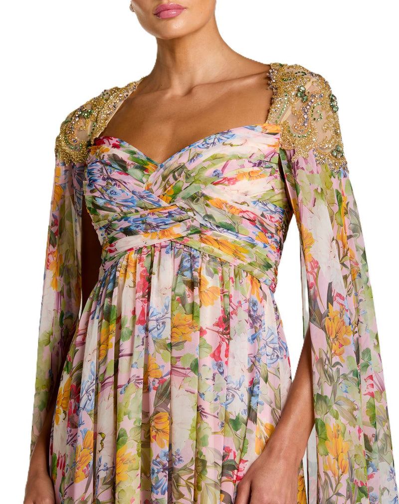 11990 - Multicolor Floral Gown With Beaded Cape Sleeves Gown chiffon by Mac Duggal in multi color for women Worldwide