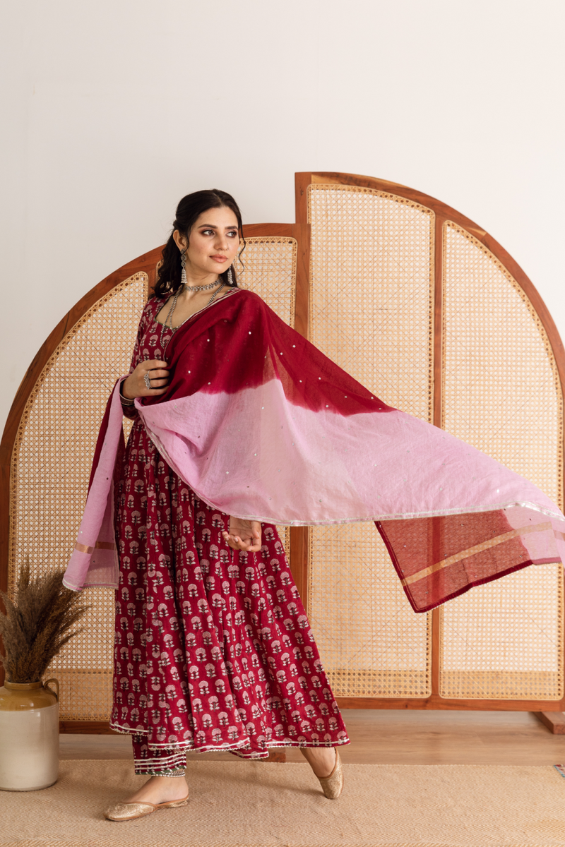 Gulaab gainda Kalidar set- red hand block printed cotton kalidar set cotton by Maison Shefali in red color for women Worldwide