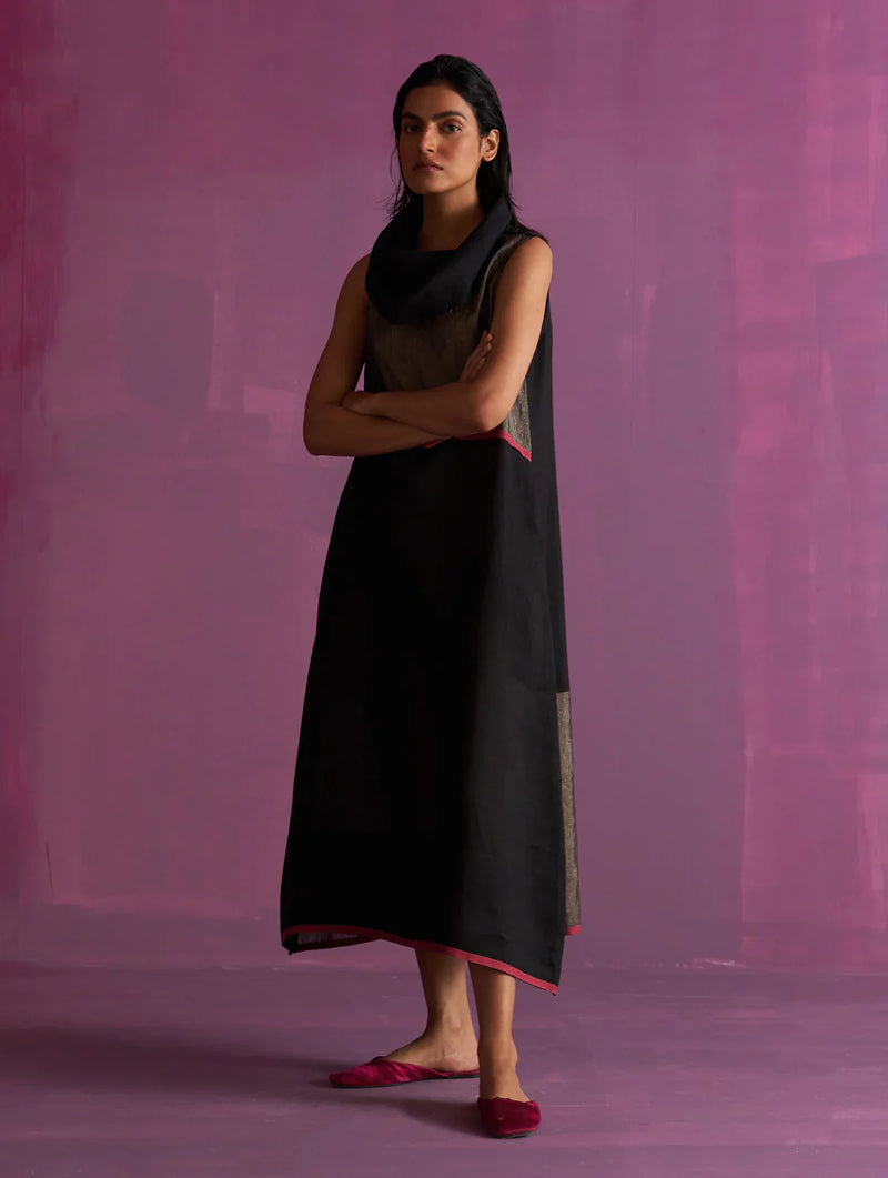 Shira Cowl Neck Dress - Black linen by Manan in black color for women Worldwide