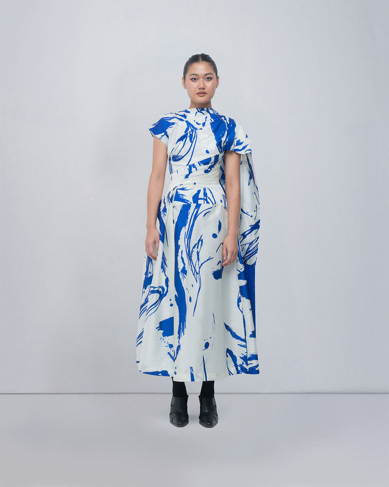 Shiori Draped Dress viscose by Leh Studios in blue/ ivory for women Worldwide