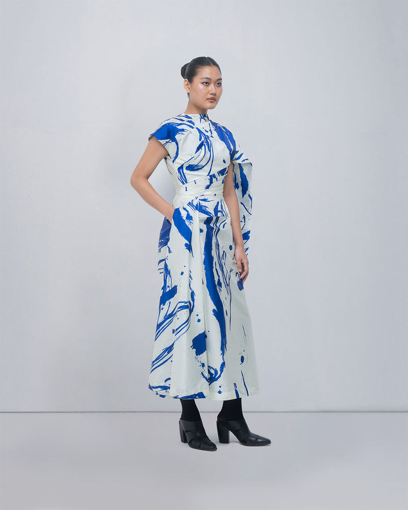 Shiori Draped Dress viscose by Leh Studios in blue/ ivory for women Worldwide