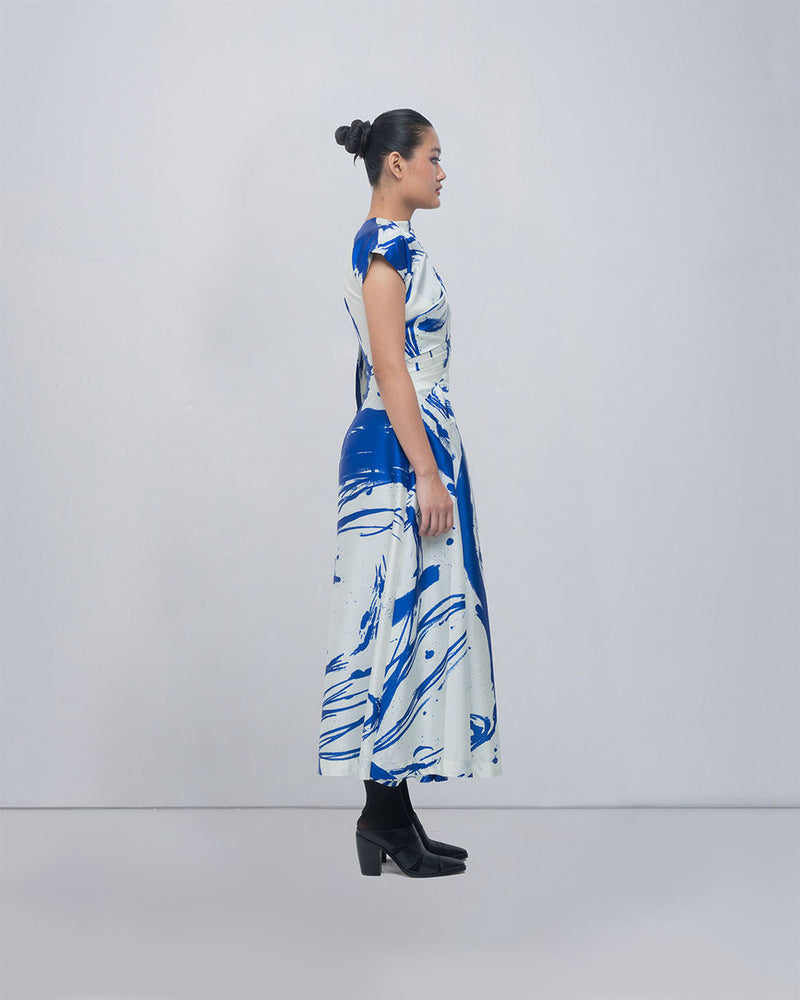 Shiori Draped Dress viscose by Leh Studios in blue/ ivory for women Worldwide