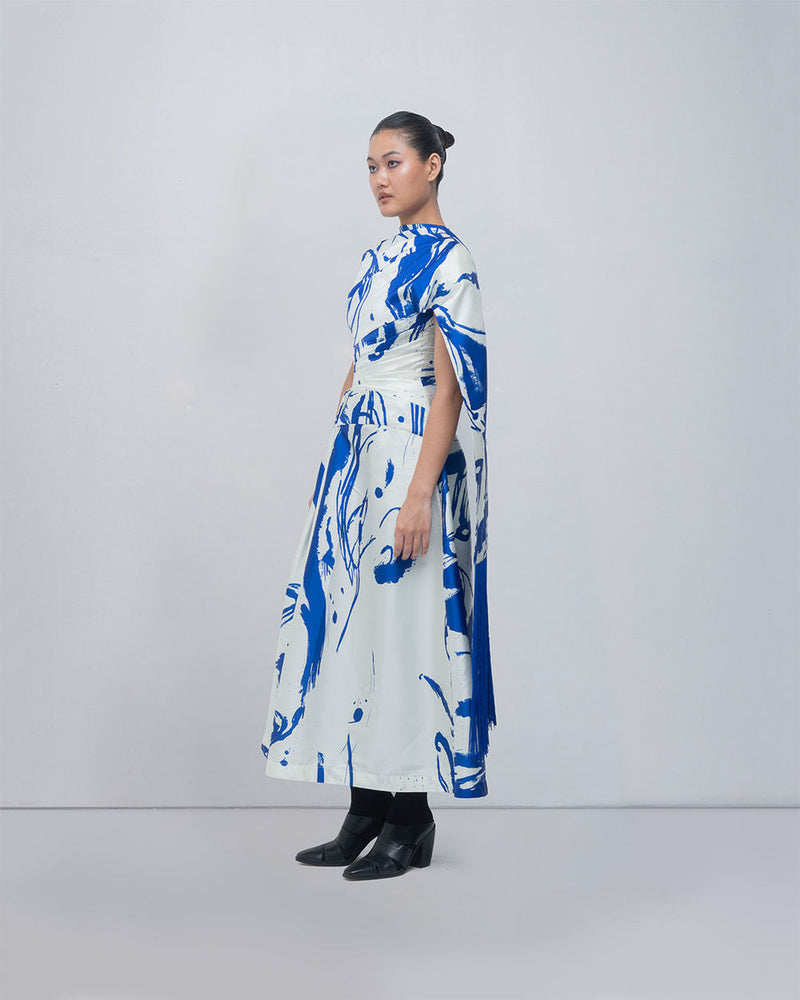 Shiori Draped Dress viscose by Leh Studios in blue/ ivory for women Worldwide