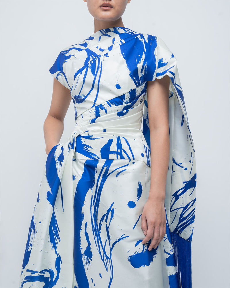 Shiori Draped Dress viscose by Leh Studios in blue/ ivory for women Worldwide