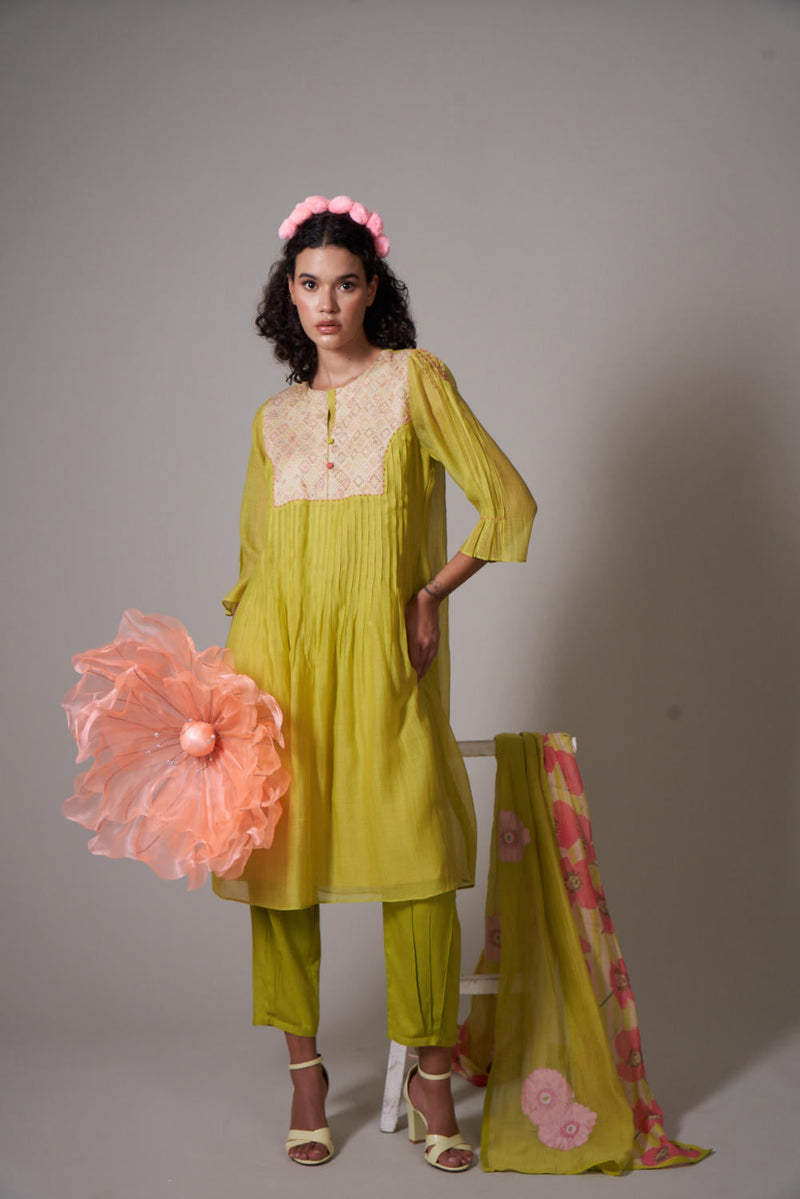 Sayuri Lime mul cotton silk kurta set silk by Priti Prashant for women Worldwide