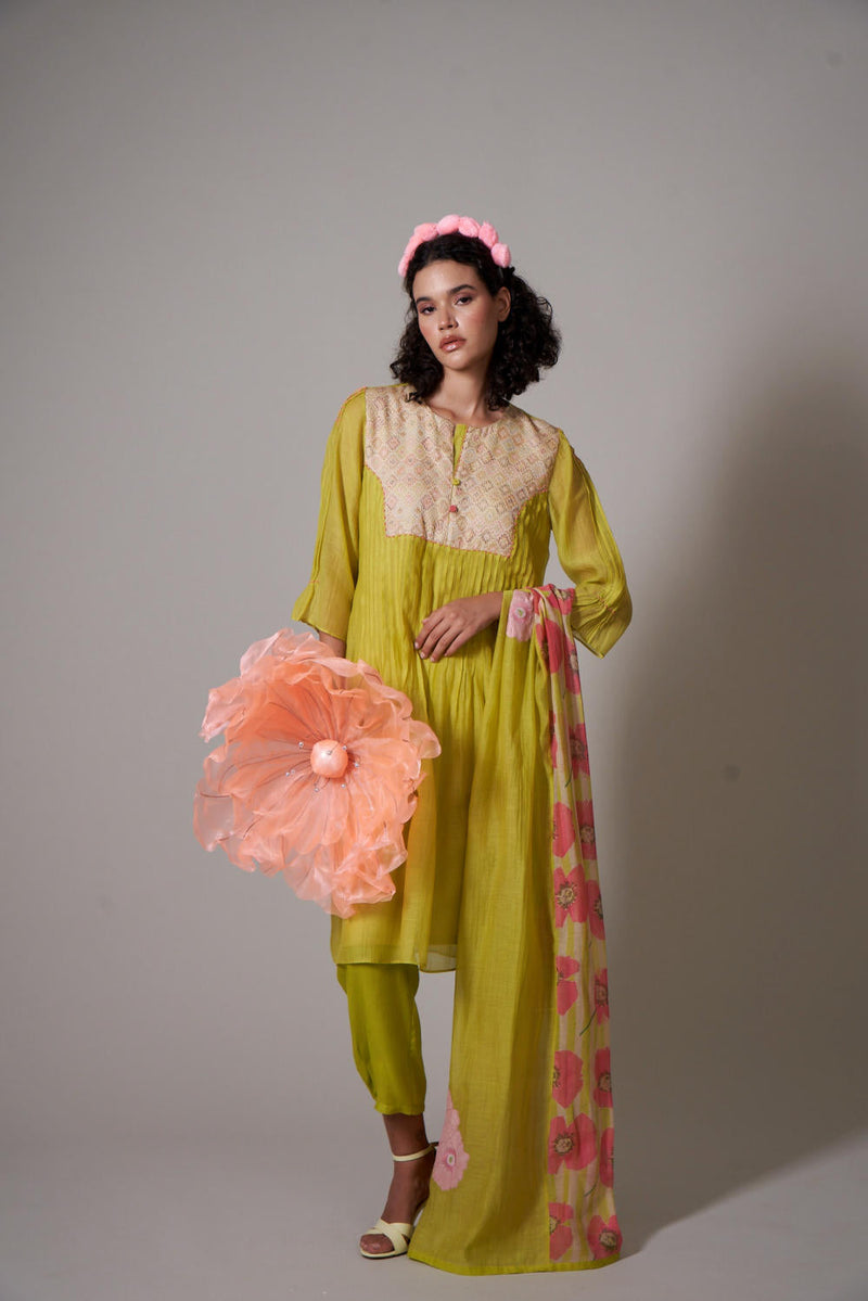 Sayuri Lime mul cotton silk kurta set silk by Priti Prashant for women Worldwide
