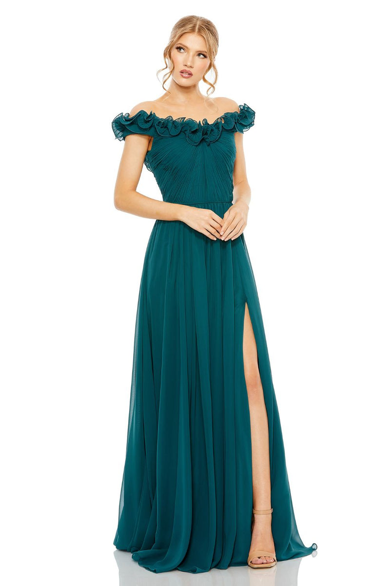 11591-Ruched Off The Shoulder A Line Gown by Mac Duggal in blue color for women Worldwide