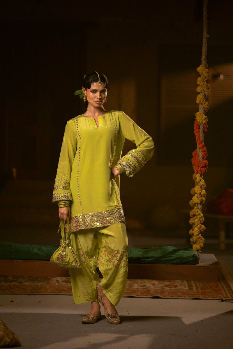 Veere Salwar Kameez Kurta Set- Sublime Neon silk by PRAHNAAYA in neon color for women Worldwide
