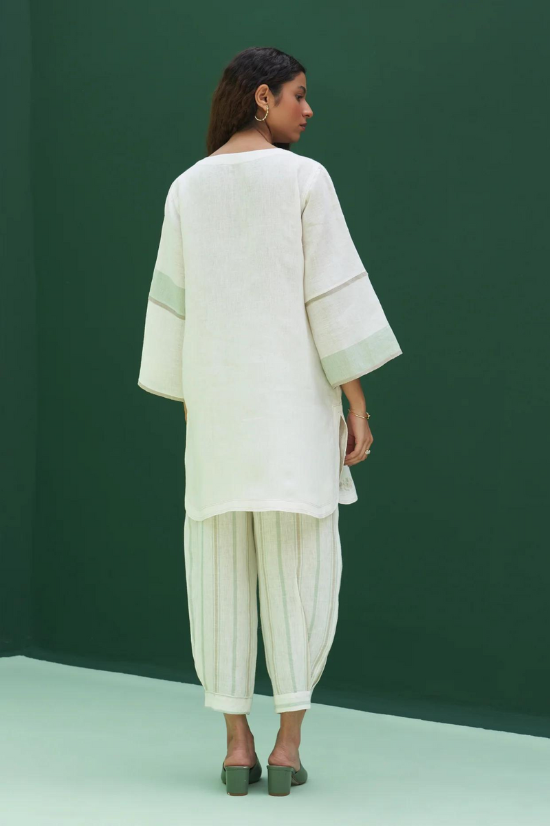 Insha Hand-Embroidered Kurta
 - Ivory linen by Manan in ivory color for women Worldwide