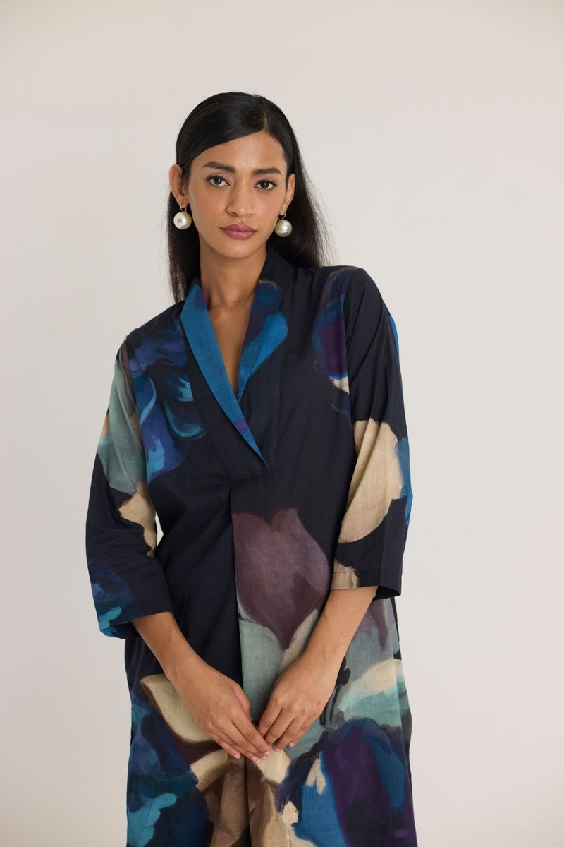 ROCCO SHAWL COLLAR KURTA SET cotton by Yam in black color for women Worldwide