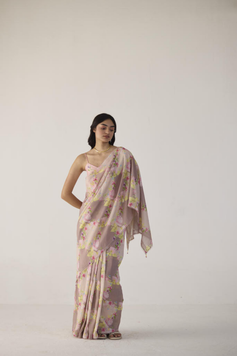 Rose Garden Silk and Cotton Chanderi Sari silk by Nadiya Paar in brown color for women Worldwide