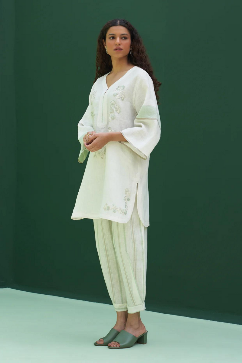 Insha Hand-Embroidered Kurta Set
 - Ivory linen by Manan in ivory color for women Worldwide