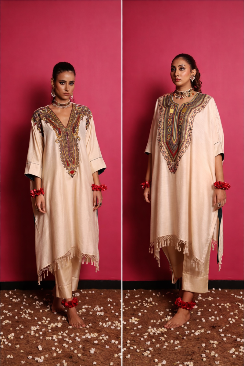 Beige Mogha Silk Thread & Zardozi Hand Embroidered Kurta Set by Sabo by Sabina for women Worldwide
