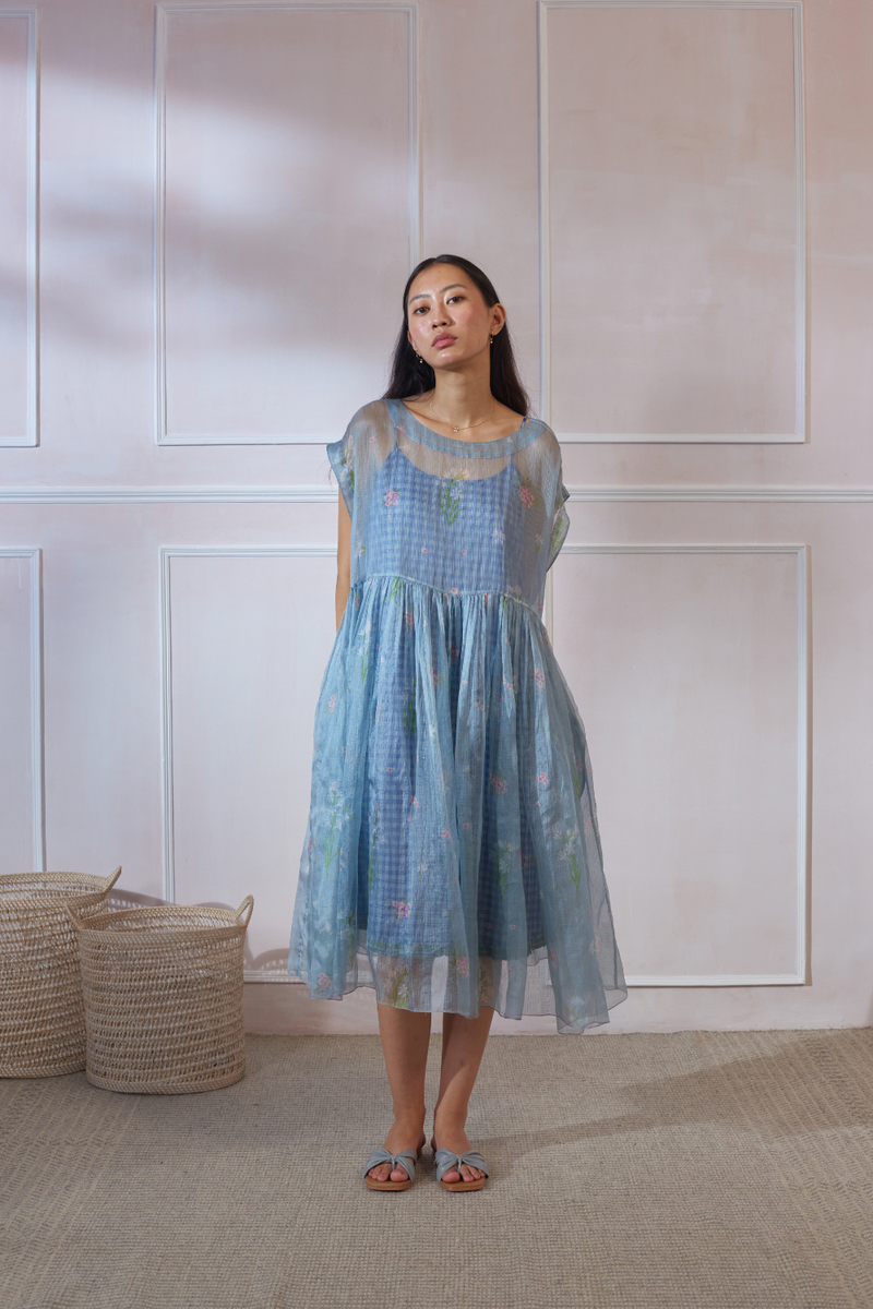 Rajnigandha Tap Midi Dress by Nadiya Paar in blue color for women Worldwide