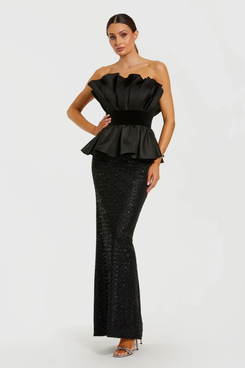 Black Strapless Satin Peplum Sequin Column Gown satin by Mac Duggal in black color for women Worldwide