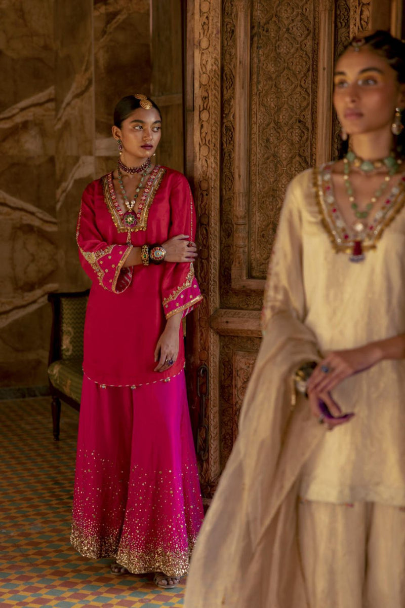 Fariba Red Magenta Silk Sharara Set Kurta Sets by Rajiramniq for women Worldwide