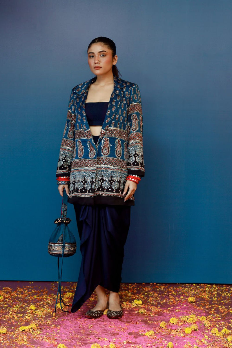 Baithak Blue Ajrak Blazer Set satin by PRAHNAAYA in red color for women Worldwide