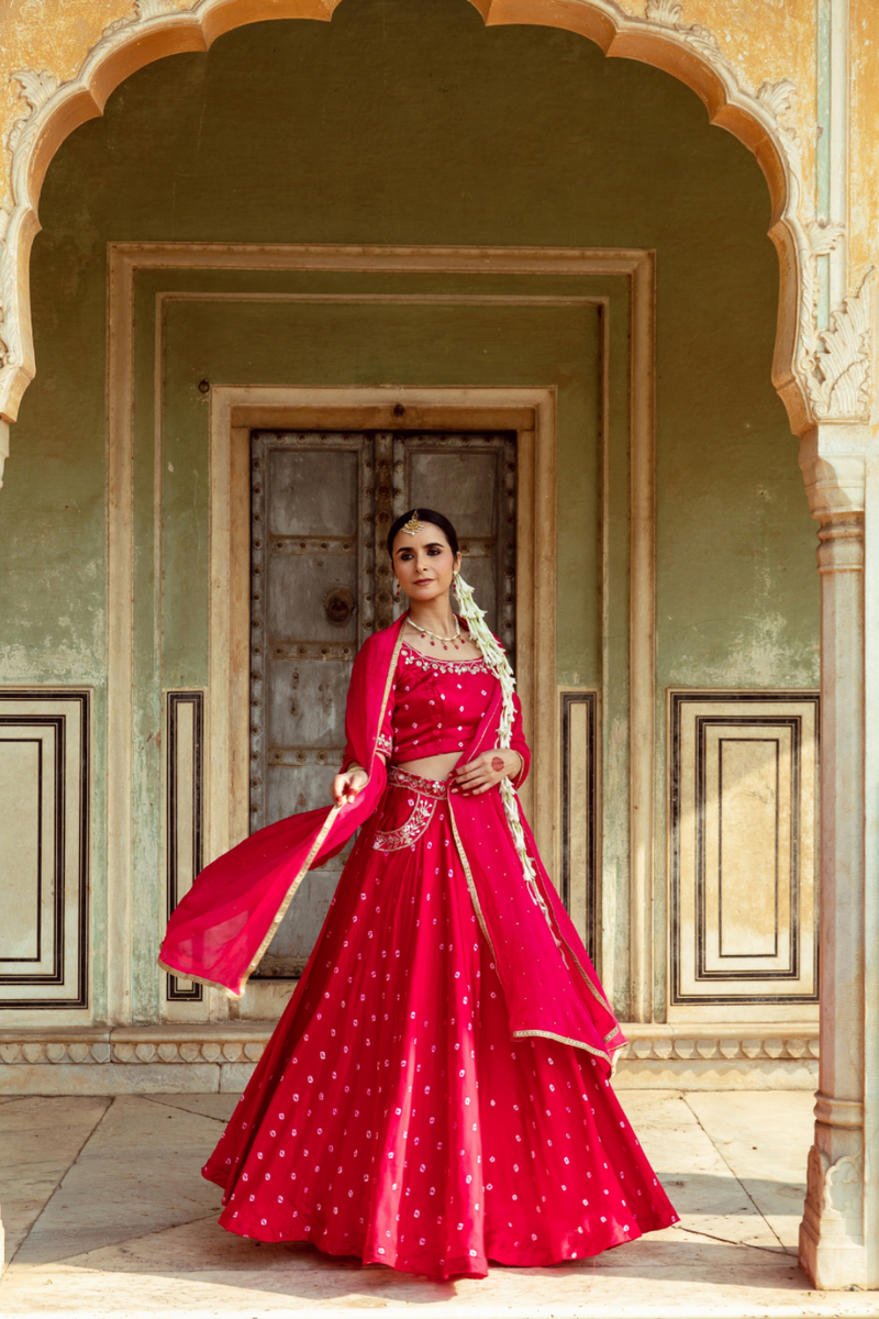 Fuchsia & White Bandhej Print Lehenga Set satin by Maison Shefali in multi color for women Worldwide
