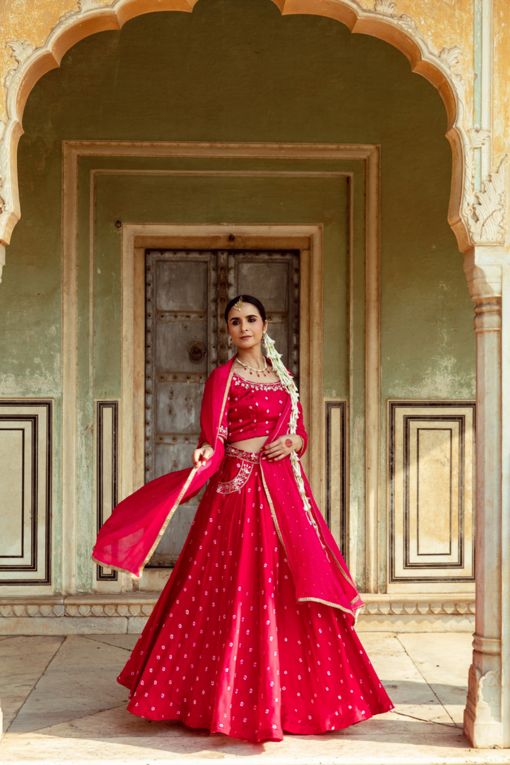 Fuchsia & White Bandhej Print Lehenga Set