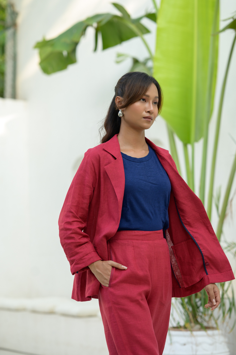 Crimson Sky Suit linen co-ord set by Zanzibar Living in crimson red for women Worldwide