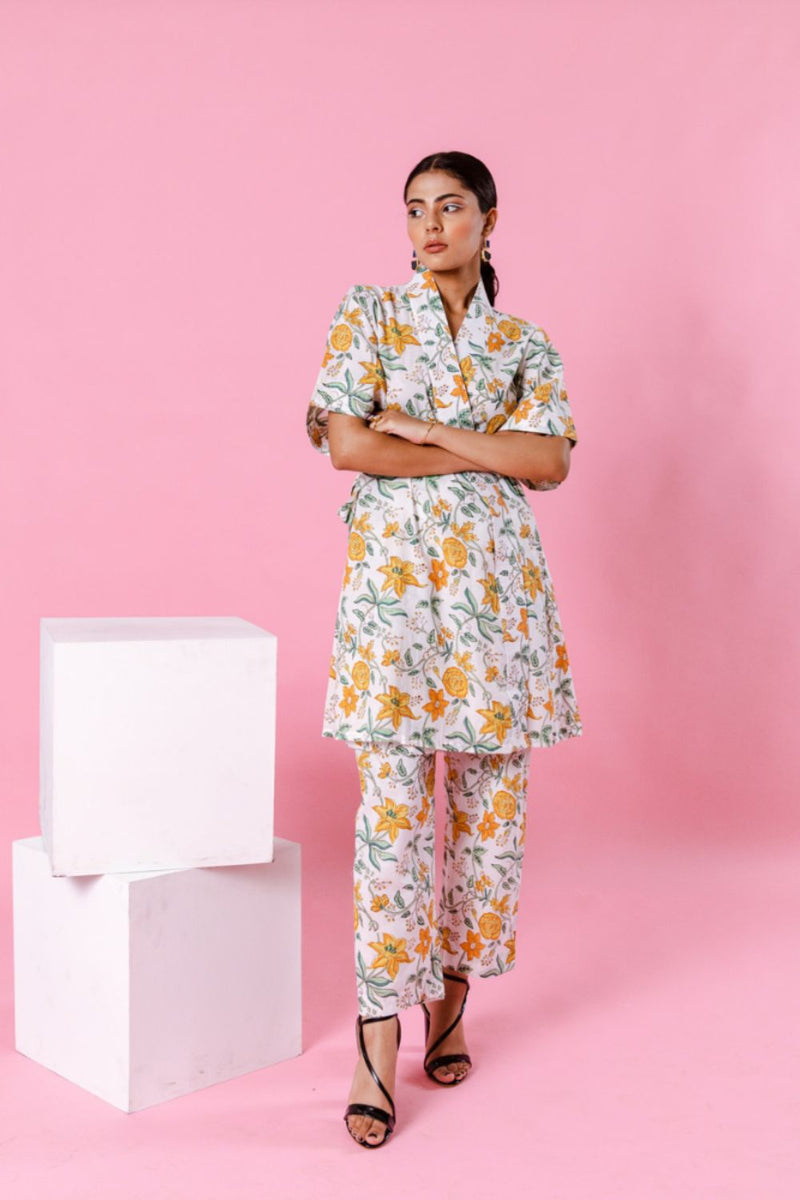 Yellow Dahlia Kimono Co-Ord Co-ord Set by Marche in white color for women Worldwide