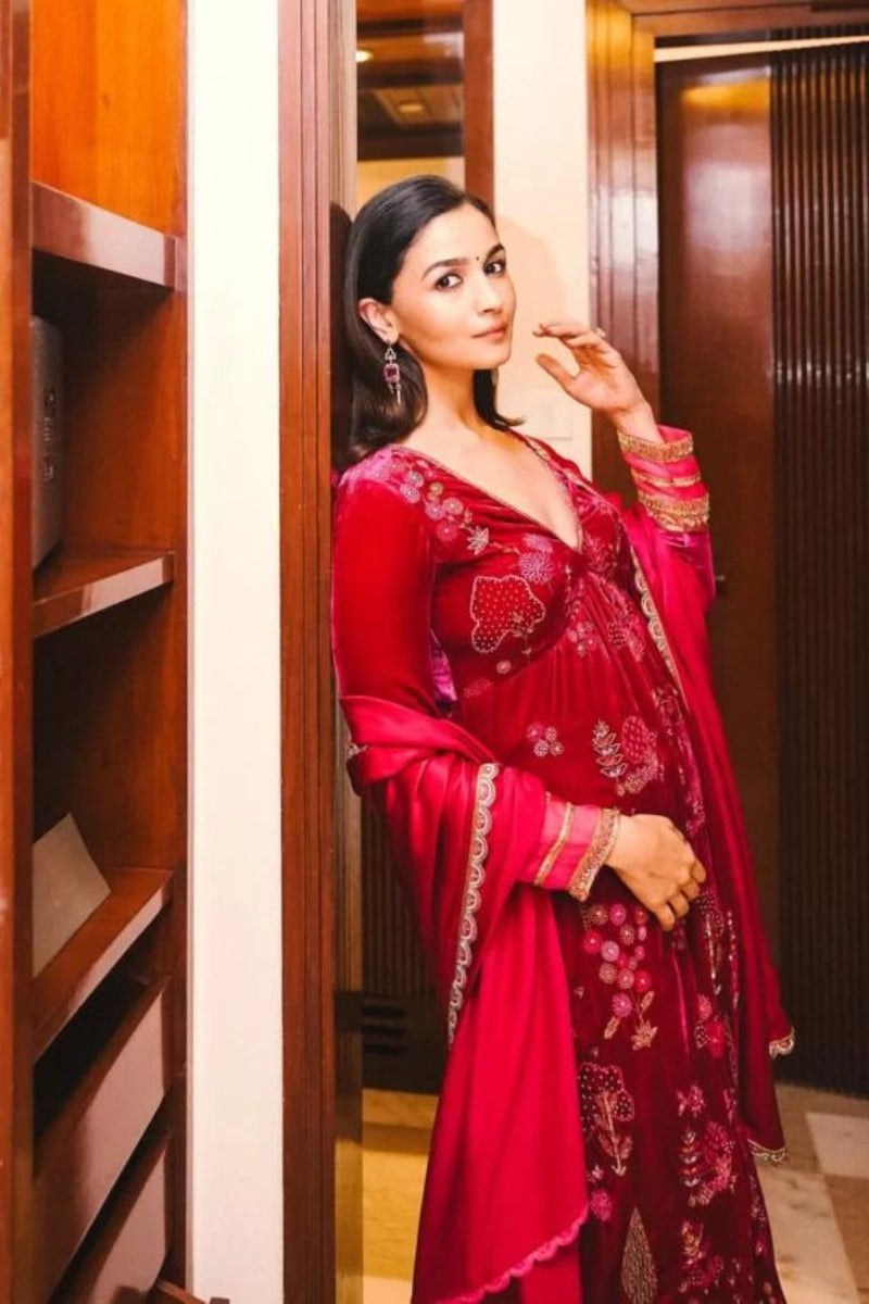 Nadira Jester Red Alia Velvet Set by Rajiramniq in red color for women Worldwide