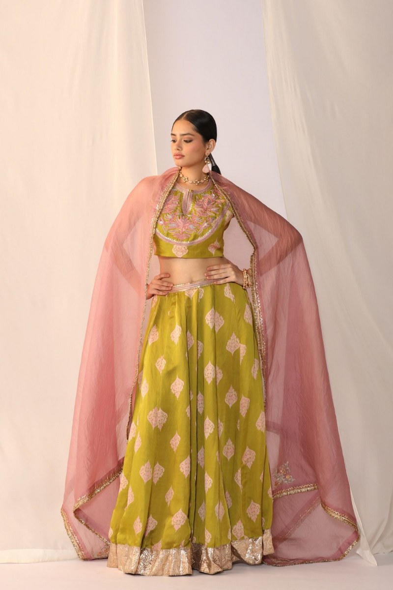 Block printed satin lehenga choli with duppata satin by Myoho in green color for women Worldwide