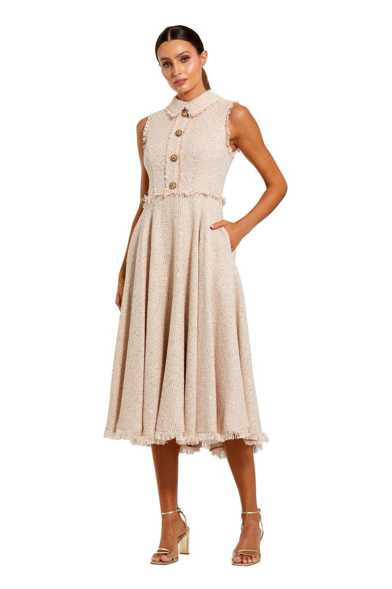 27658-Pink Boucle Sleeveless Collared Button Up Midi Dress by Mac Duggal in blush color for women Worldwide
