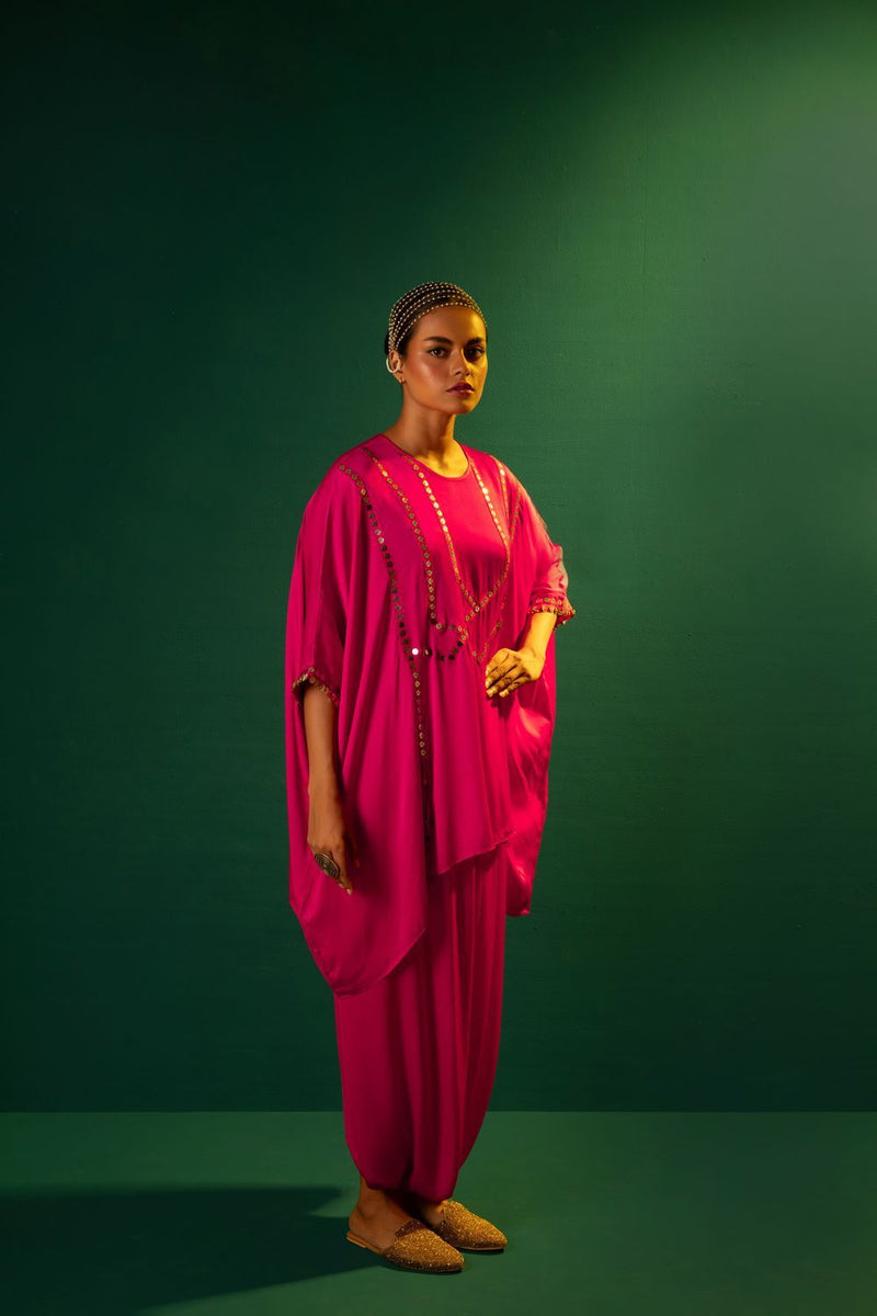 Chamakeen Asymmetric Coord Set satin by PRAHNAAYA in pink color for women Worldwide