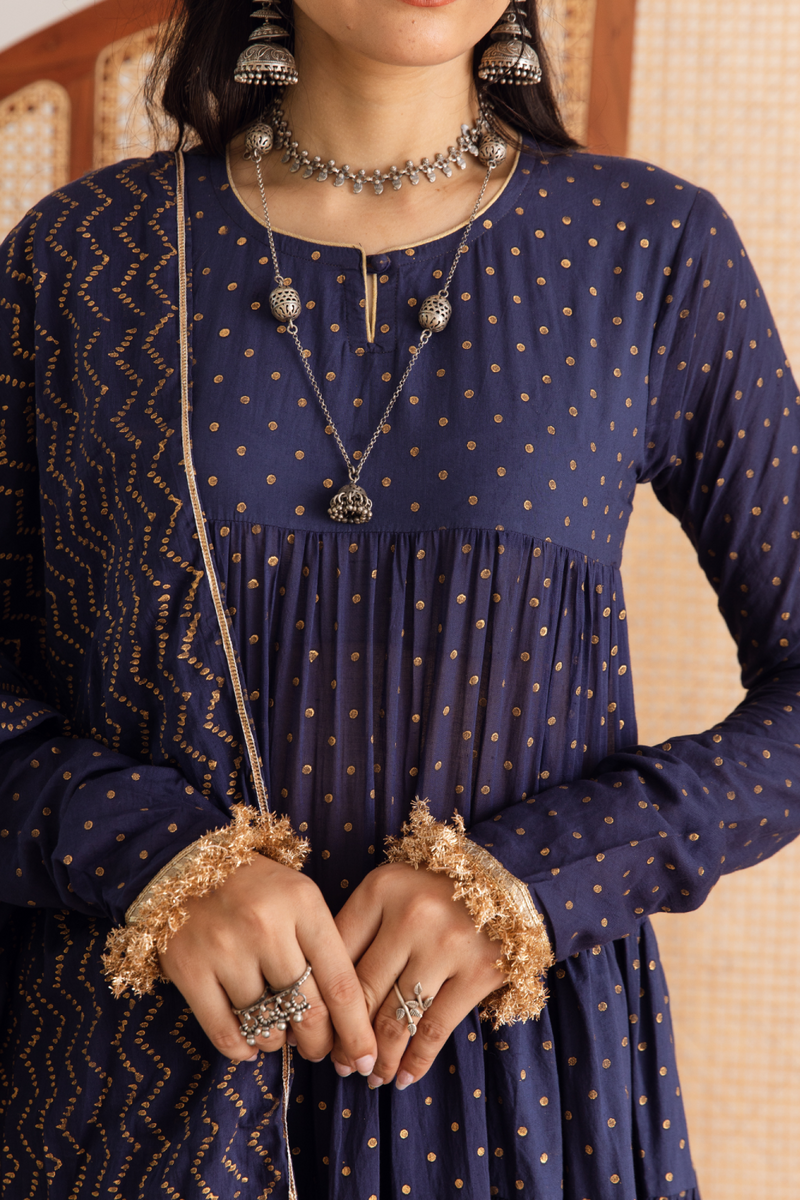 Neela Kurta Set - blue hand printed cotton kalidar suit set cotton by Maison Shefali in blue color for women Worldwide