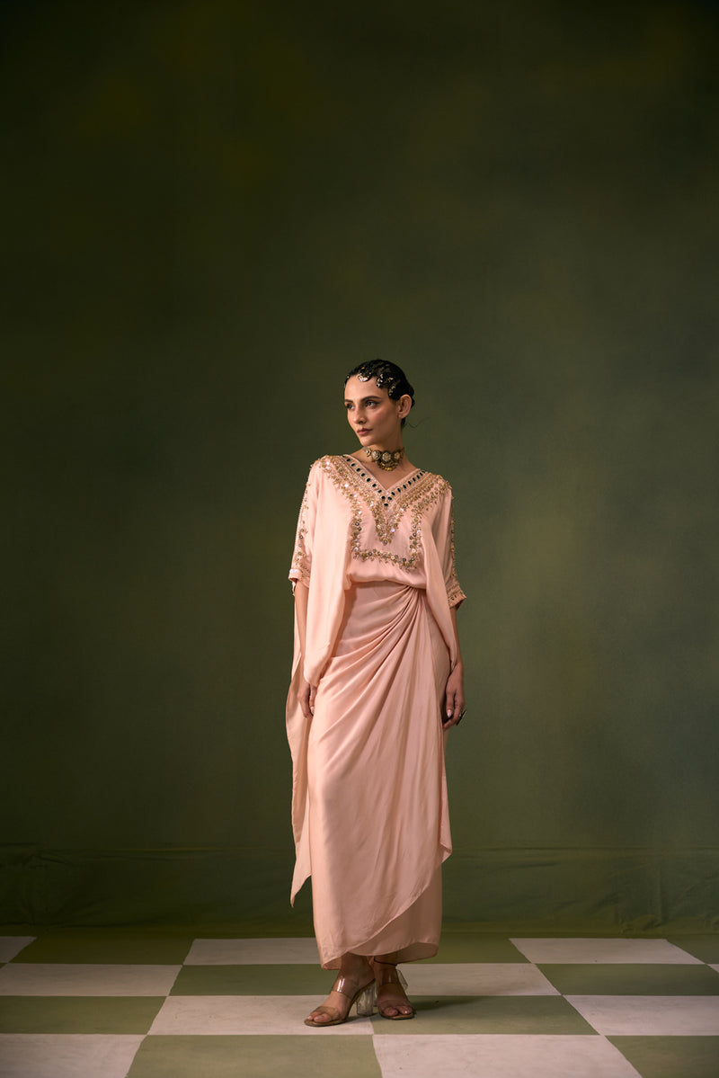 Nexa Tea Rose Antifit Top with Wrap Skirt vegan satin indo-western by PRAHNAAYA in pink for women Worldwide