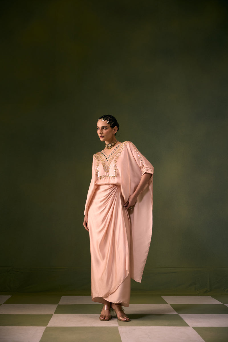 Nexa Tea Rose Antifit Top with Wrap Skirt vegan satin indo-western by PRAHNAAYA in pink for women Worldwide