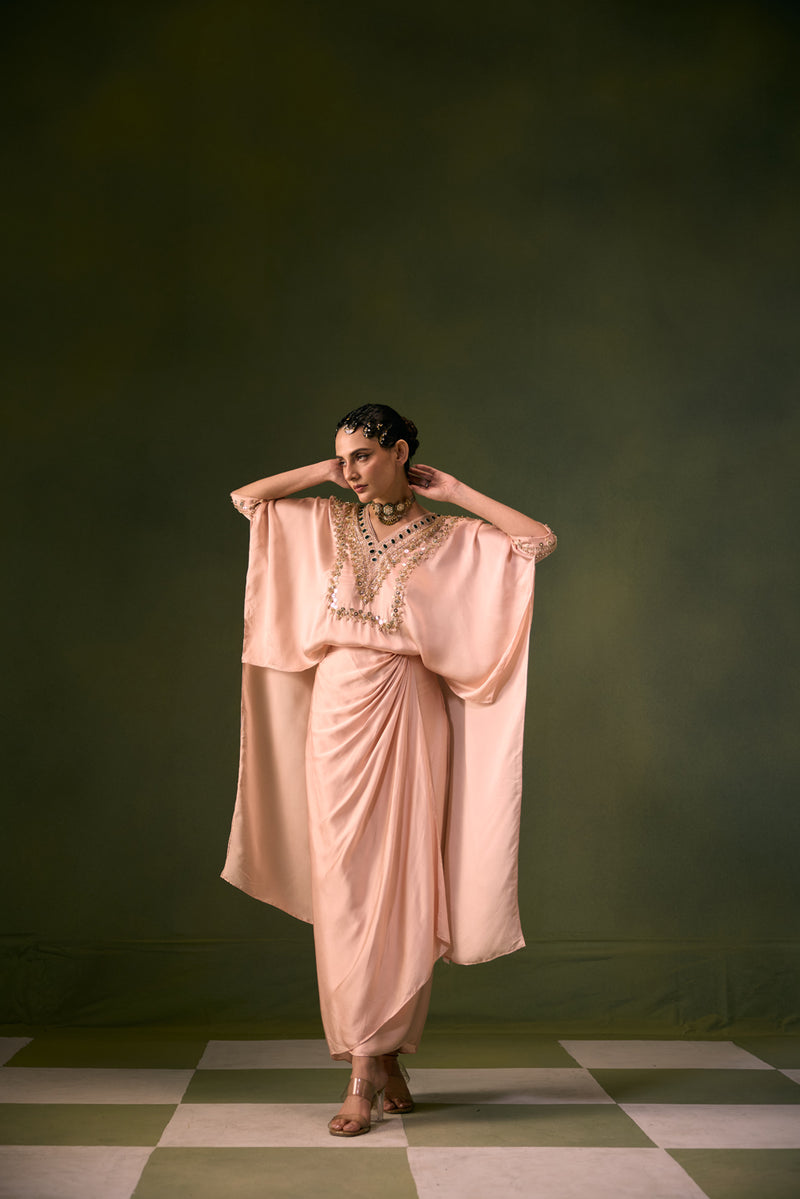 Nexa Tea Rose Antifit Top with Wrap Skirt vegan satin indo-western by PRAHNAAYA in pink for women Worldwide
