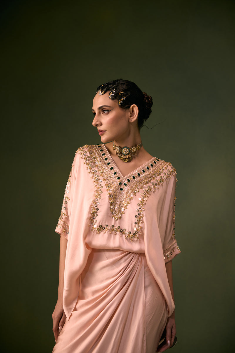 Nexa Tea Rose Antifit Top with Wrap Skirt vegan satin indo-western by PRAHNAAYA in pink for women Worldwide