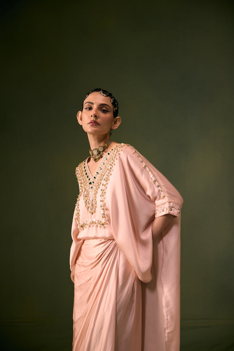 Nexa Tea Rose Antifit Top with Wrap Skirt vegan satin indo-western by PRAHNAAYA in pink for women Worldwide